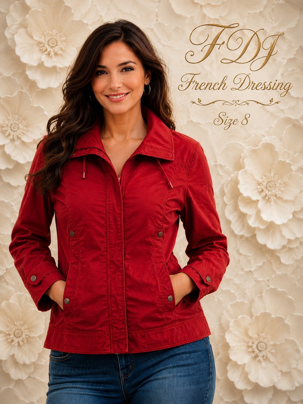 FDJ French Dressing Red Utility Jacket Size 8 Cotton Stretch Zip Front
